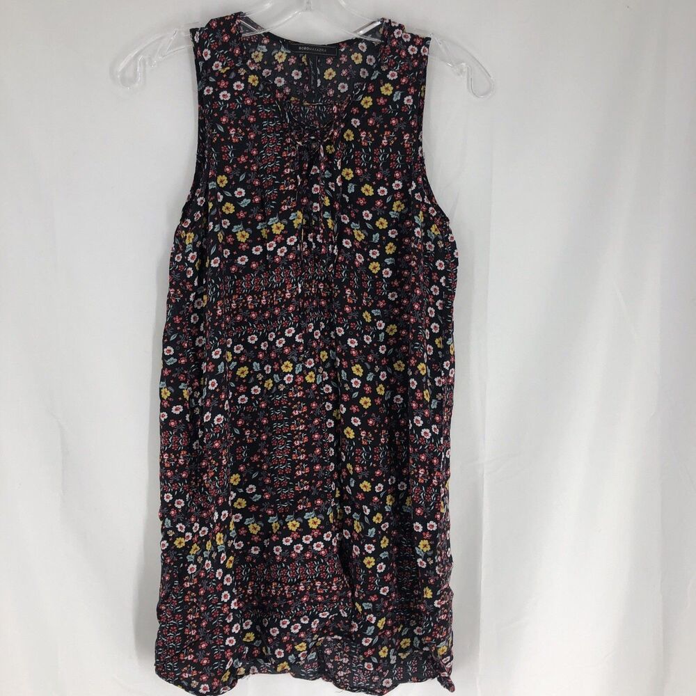 BCBGMAXAZRIA Floral Lace Up Shift Tunic Black Multi Rayon